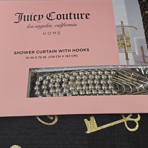 Juicy Couture Home JC Logo Heart Lock & Key Fabric Shower Curtsin w/Hooks - Picture 3 of 4